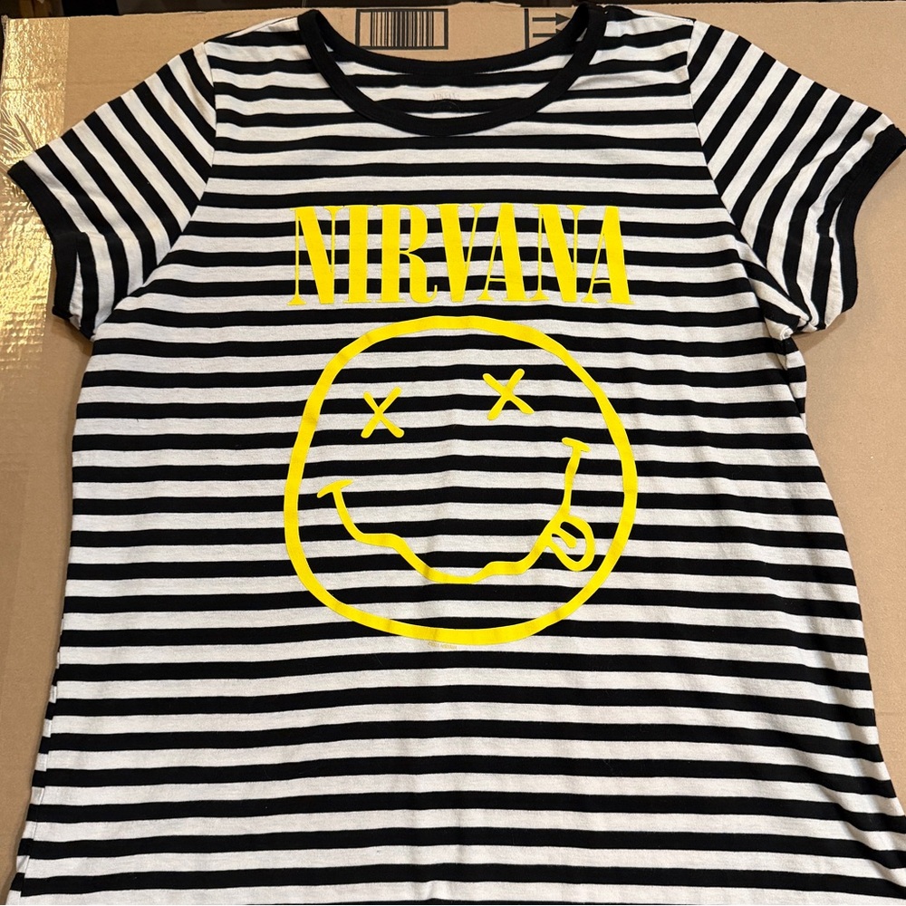 NIRVANA Black and White Striped Tee with Yellow Graphic